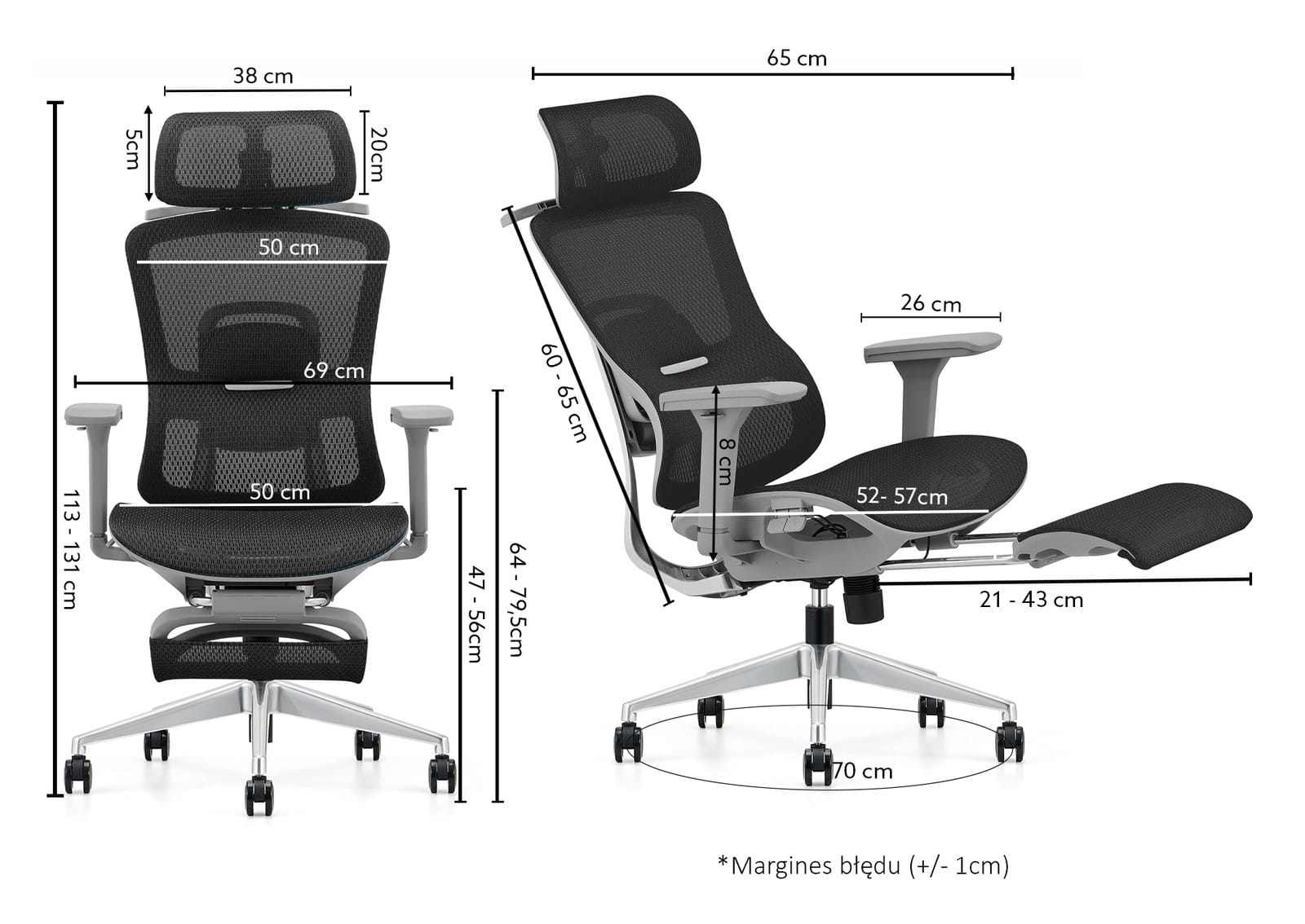 Fotel ergonomiczny biurowy obrotowy z regulacją Homer Czarno-Szary