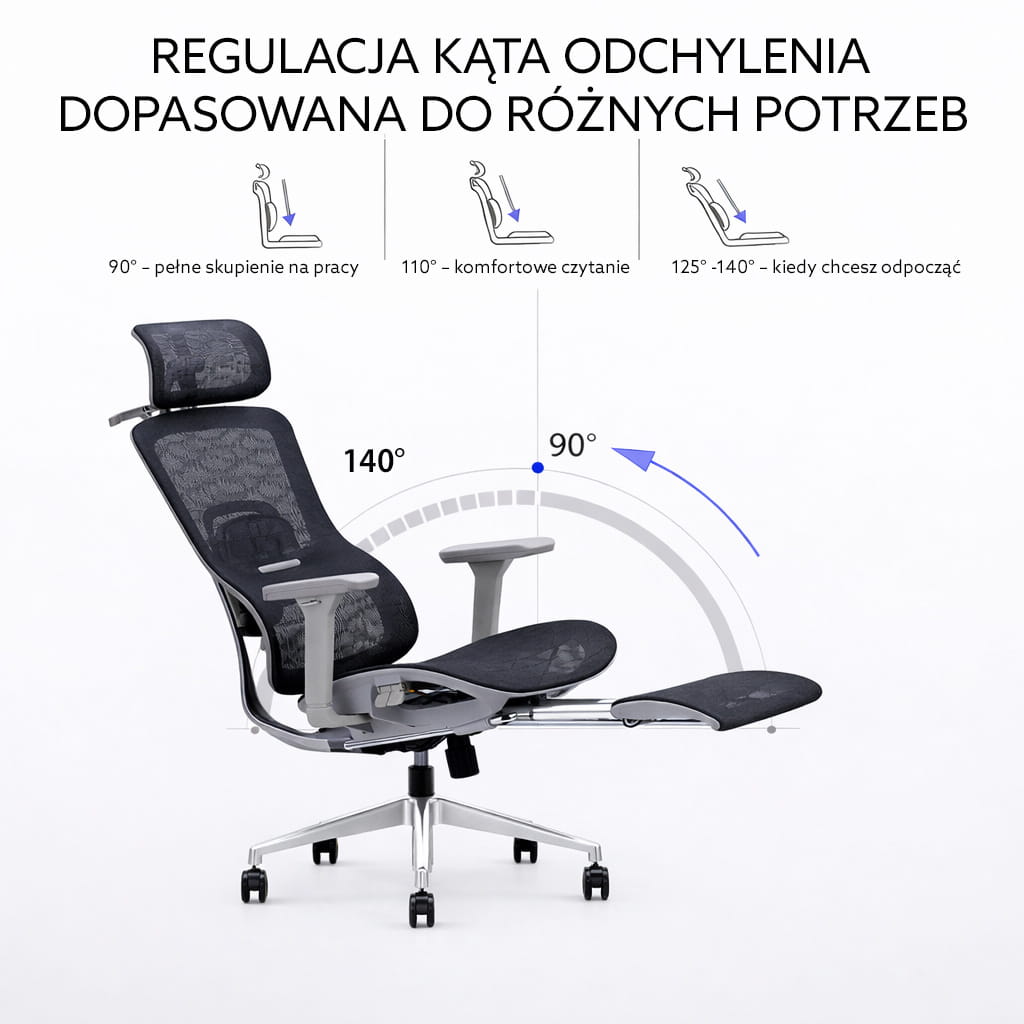 Fotel ergonomiczny biurowy obrotowy z regulacją Homer Czarno-Szary z regulowanym podnóżkiem