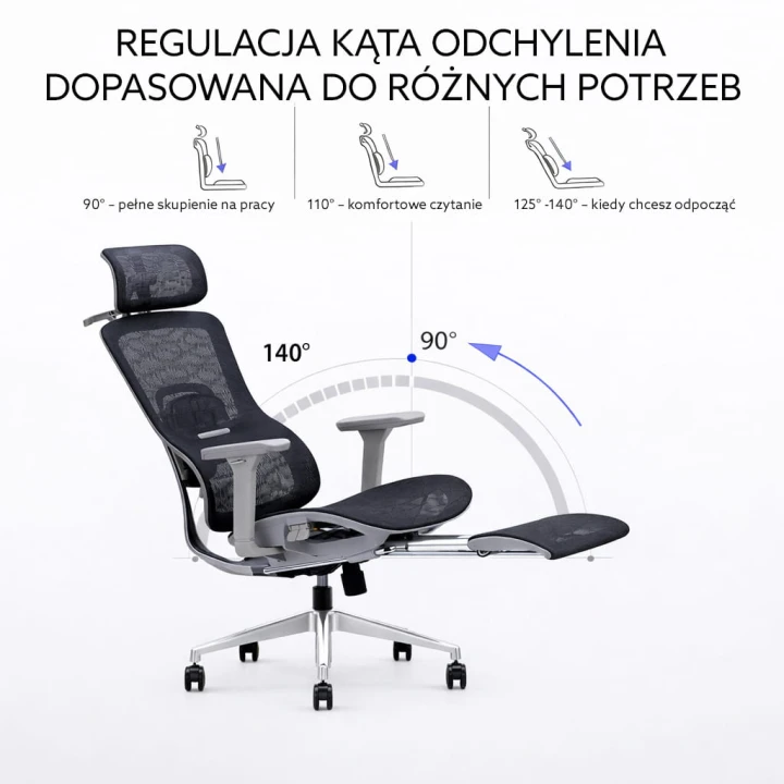 Fotel ergonomiczny biurowy obrotowy z regulacją Homer Czarno-Szary z regulowanym podnóżkiem