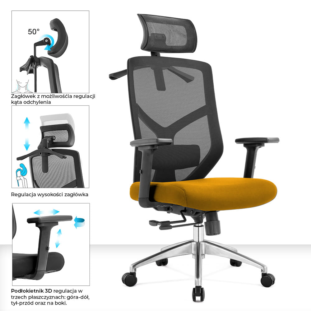 Fotel biurowy ergonomiczny do biura i domu regulacją Żółty
