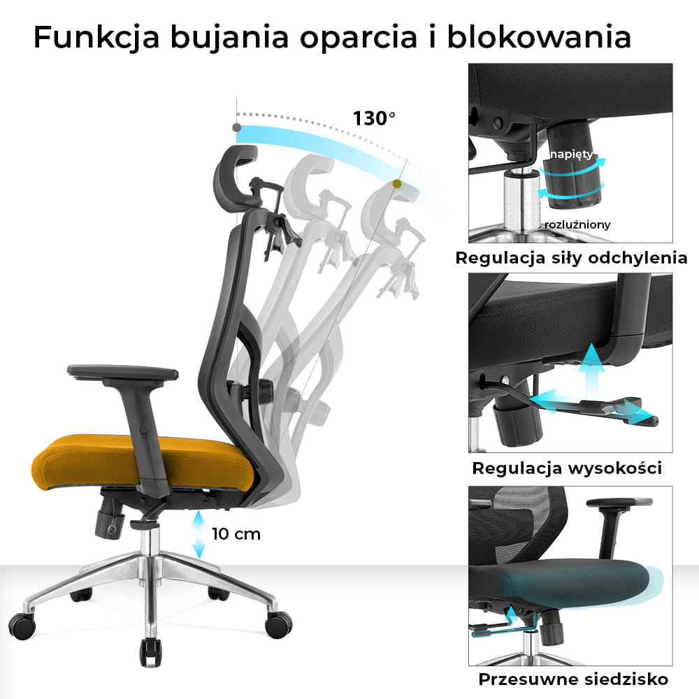 Fotel biurowy ergonomiczny do biura i domu regulacją Żółty