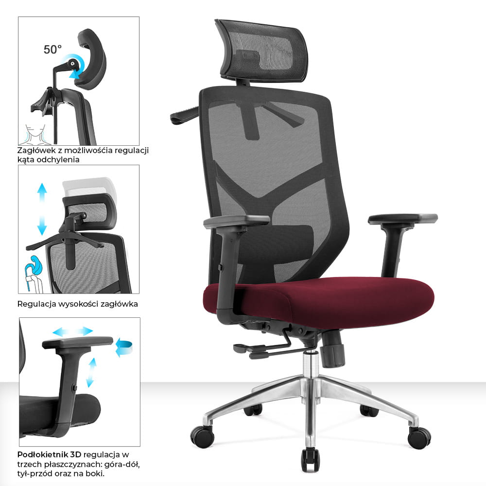 Fotel biurowy ergonomiczny do biura i domu regulacją Bordowy
