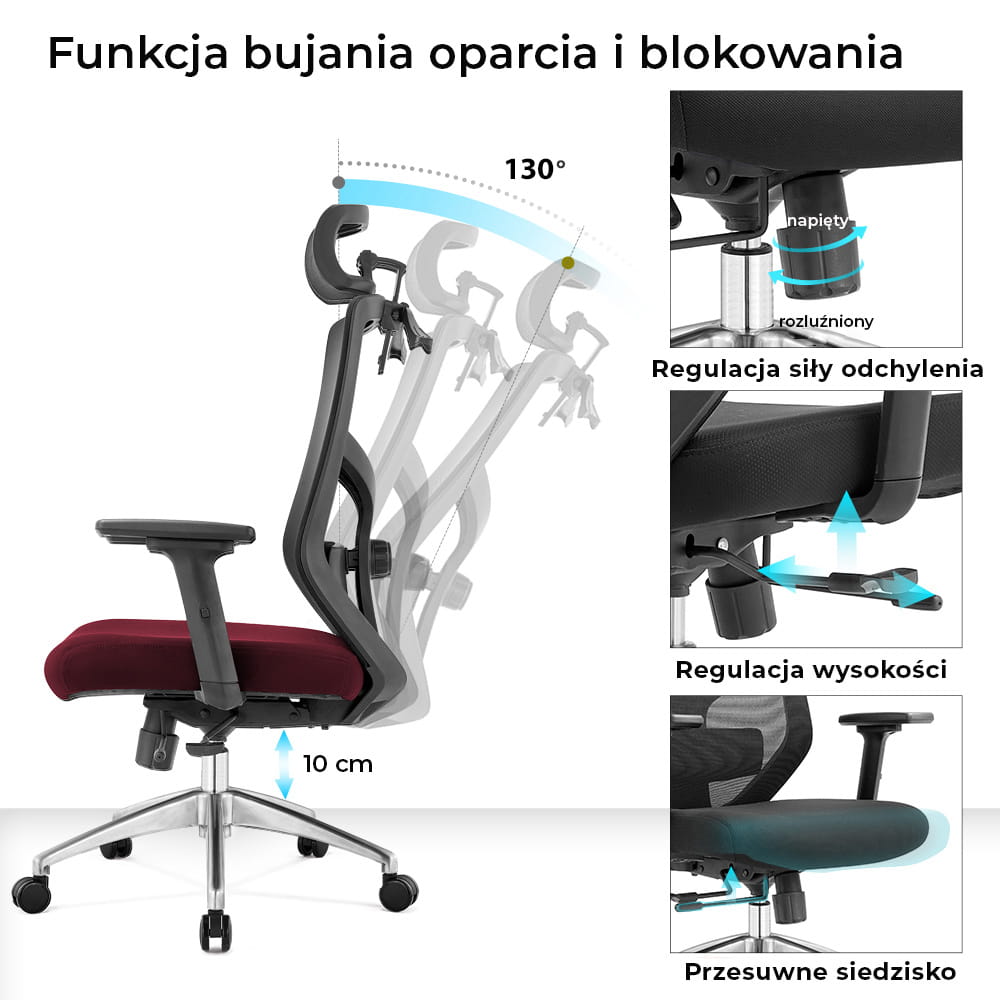 Fotel biurowy ergonomiczny do biura i domu regulacją Bordowy