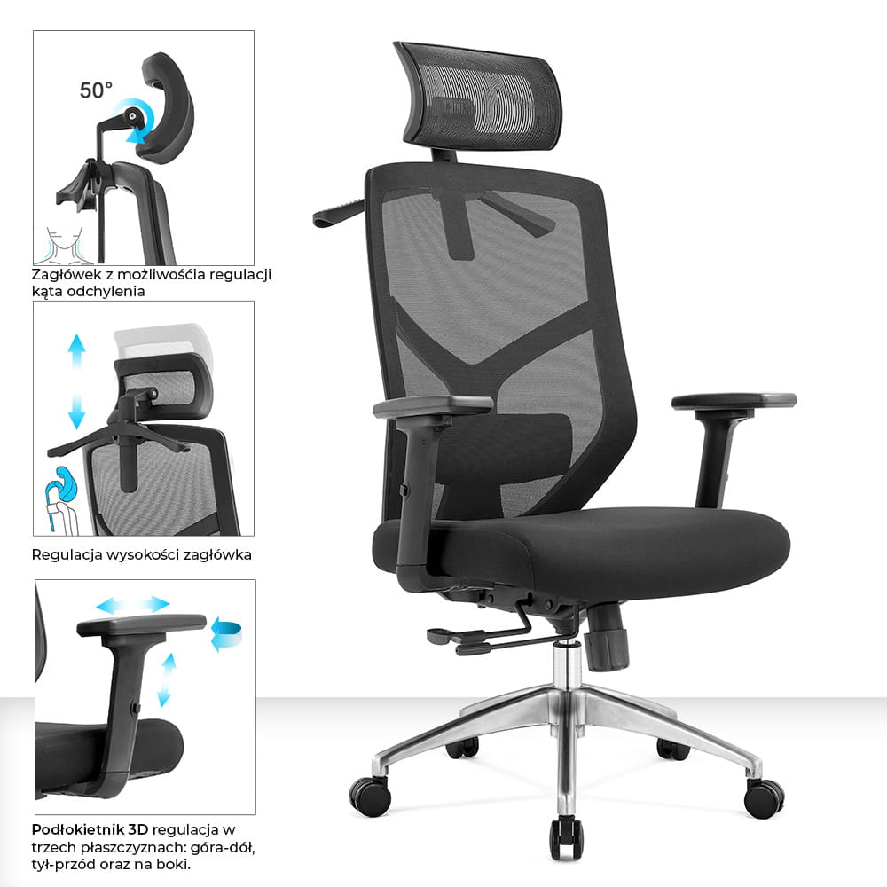 Fotel biurowy ergonomiczny do biura i domu regulacją czarny