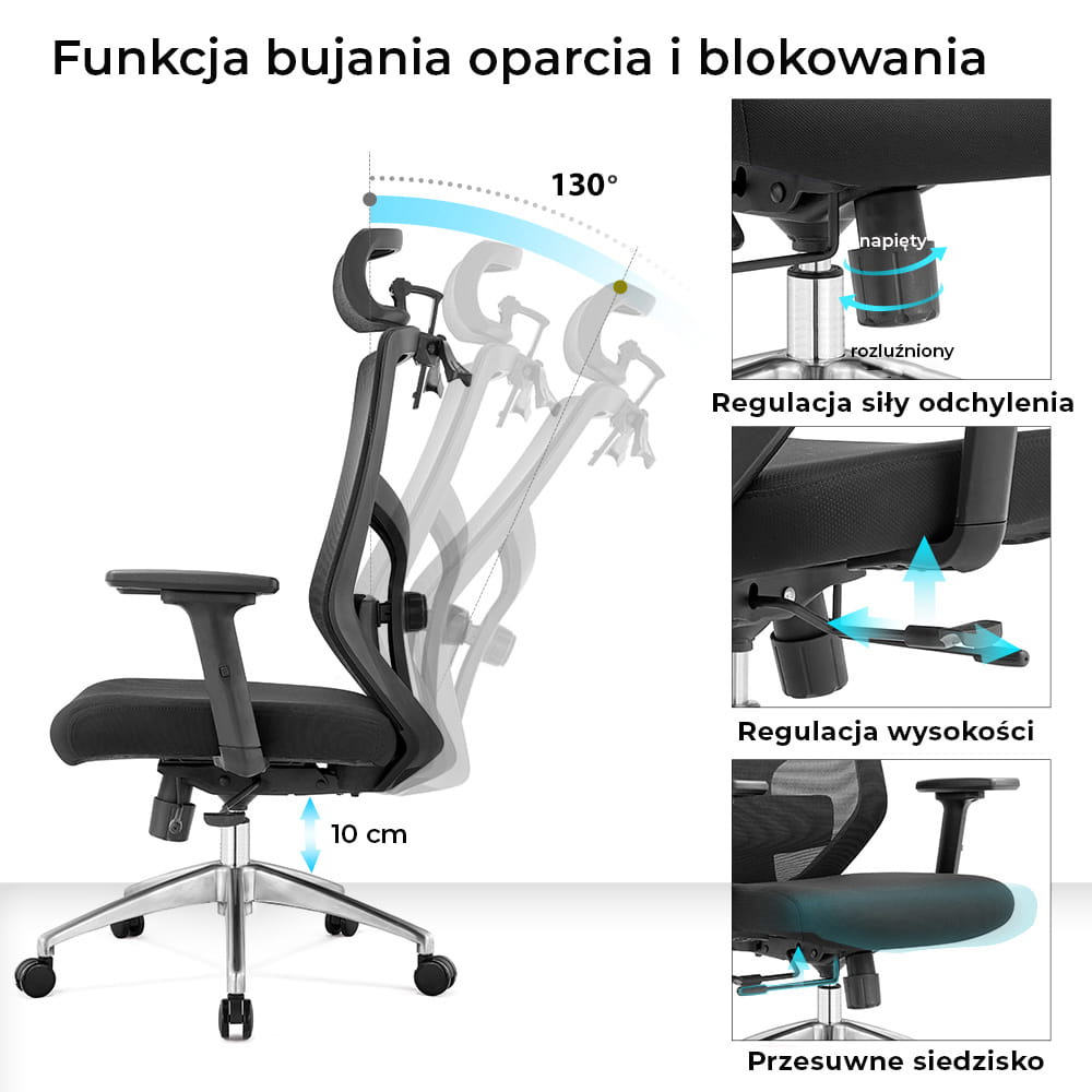 Fotel biurowy ergonomiczny do biura i domu regulacją czarny