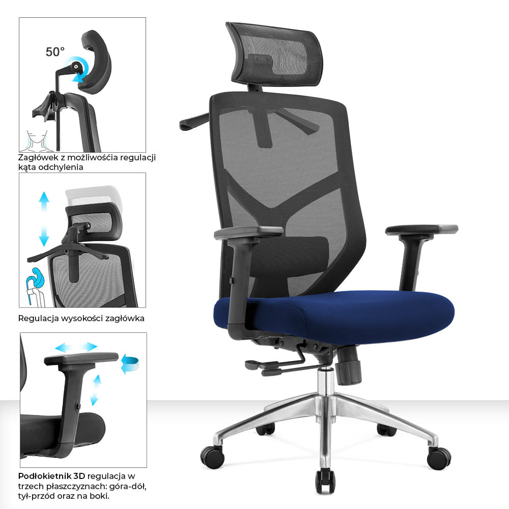 Fotel biurowy ergonomiczny do biura i domu regulacją granatowy