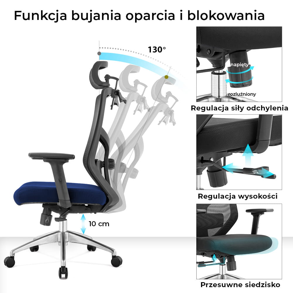 Fotel biurowy ergonomiczny do biura i domu regulacją granatowy
