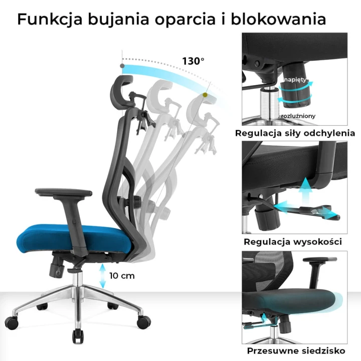 Fotel biurowy ergonomiczny do biura i domu regulacją niebieski
