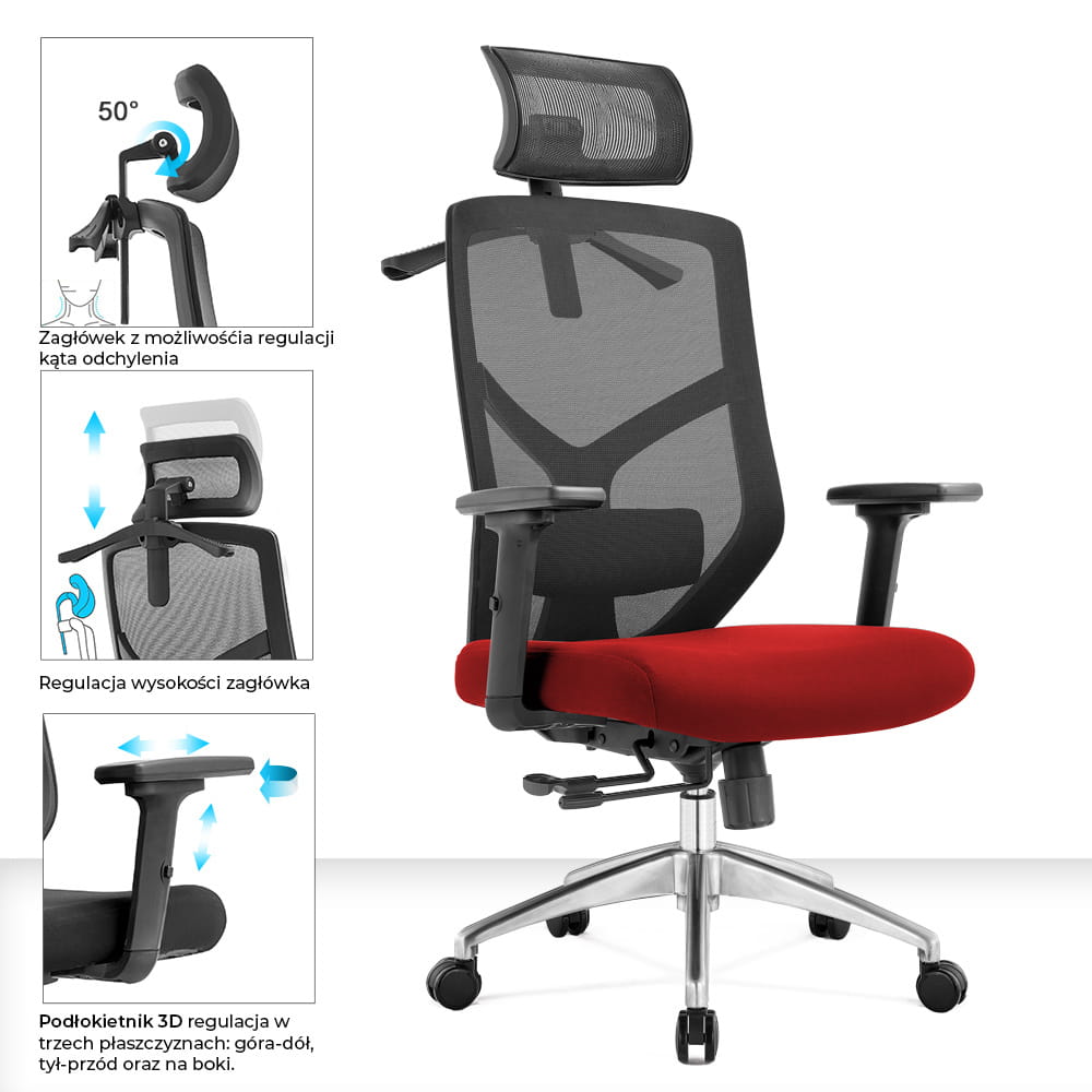 Fotel biurowy ergonomiczny do biura i domu regulacją czerwony