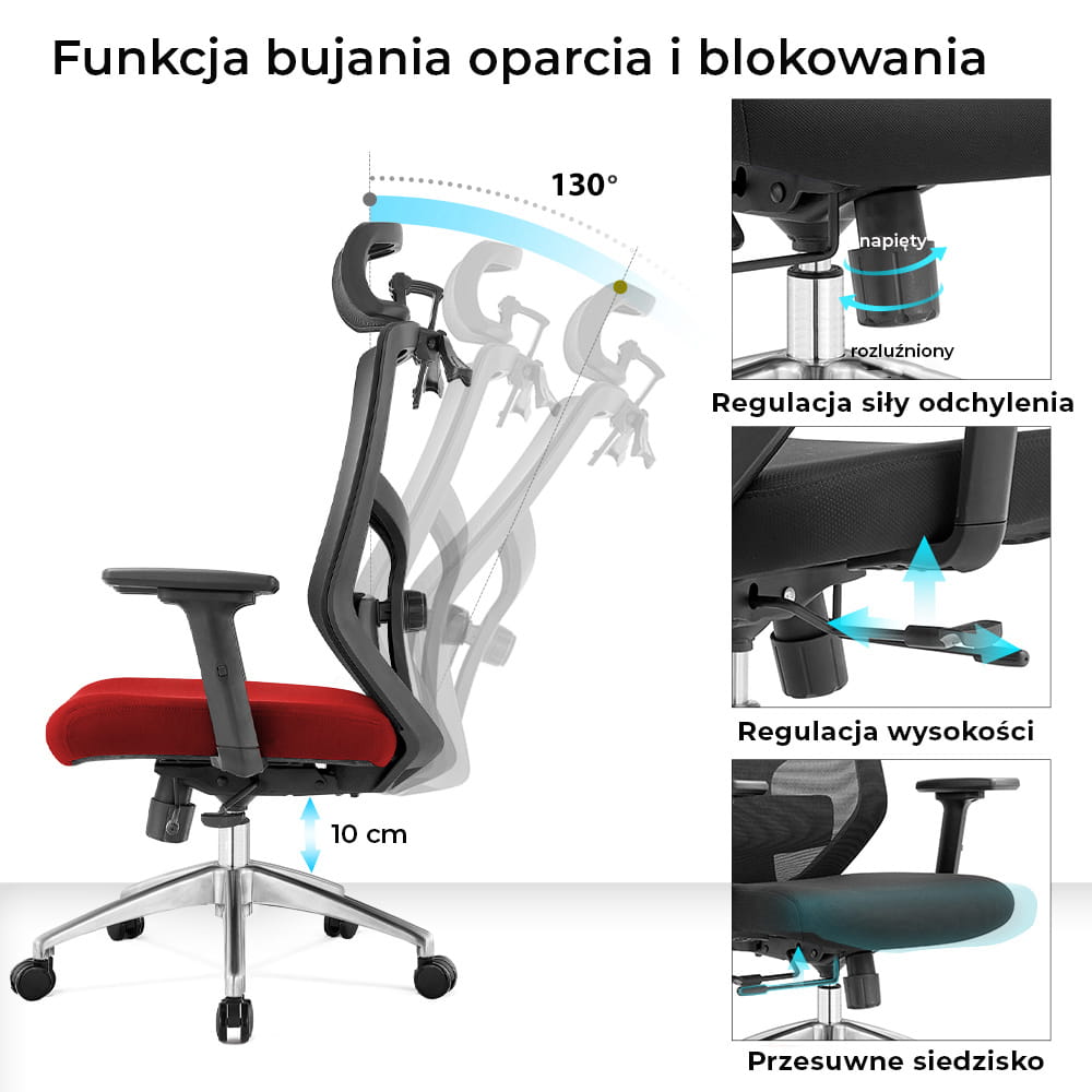 Fotel biurowy ergonomiczny do biura i domu regulacją czerwony