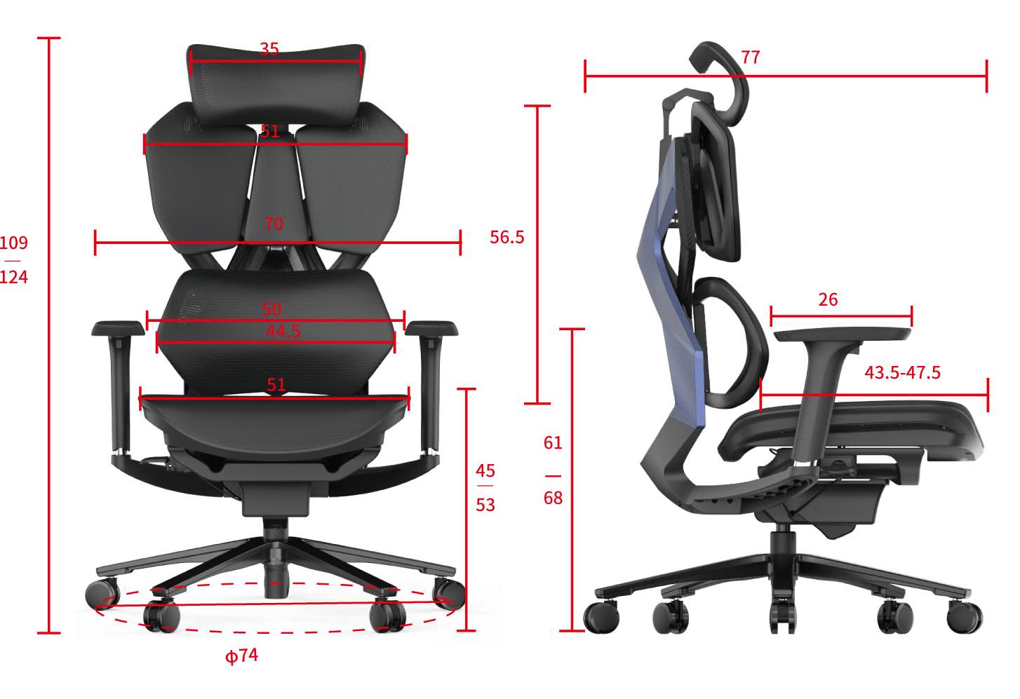 Wymiary ergonomicznego fotela biurowego FURIA PRO z regulowanym zagłówkiem 3D, podłokietnikami 3D i ergonomicznym siedziskiem | homestyleconcept.pl.webp