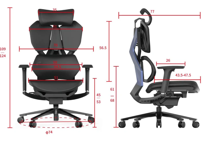 Wymiary ergonomicznego fotela biurowego FURIA PRO z regulowanym zagłówkiem 3D, podłokietnikami 3D i ergonomicznym siedziskiem | homestyleconcept.pl.webp