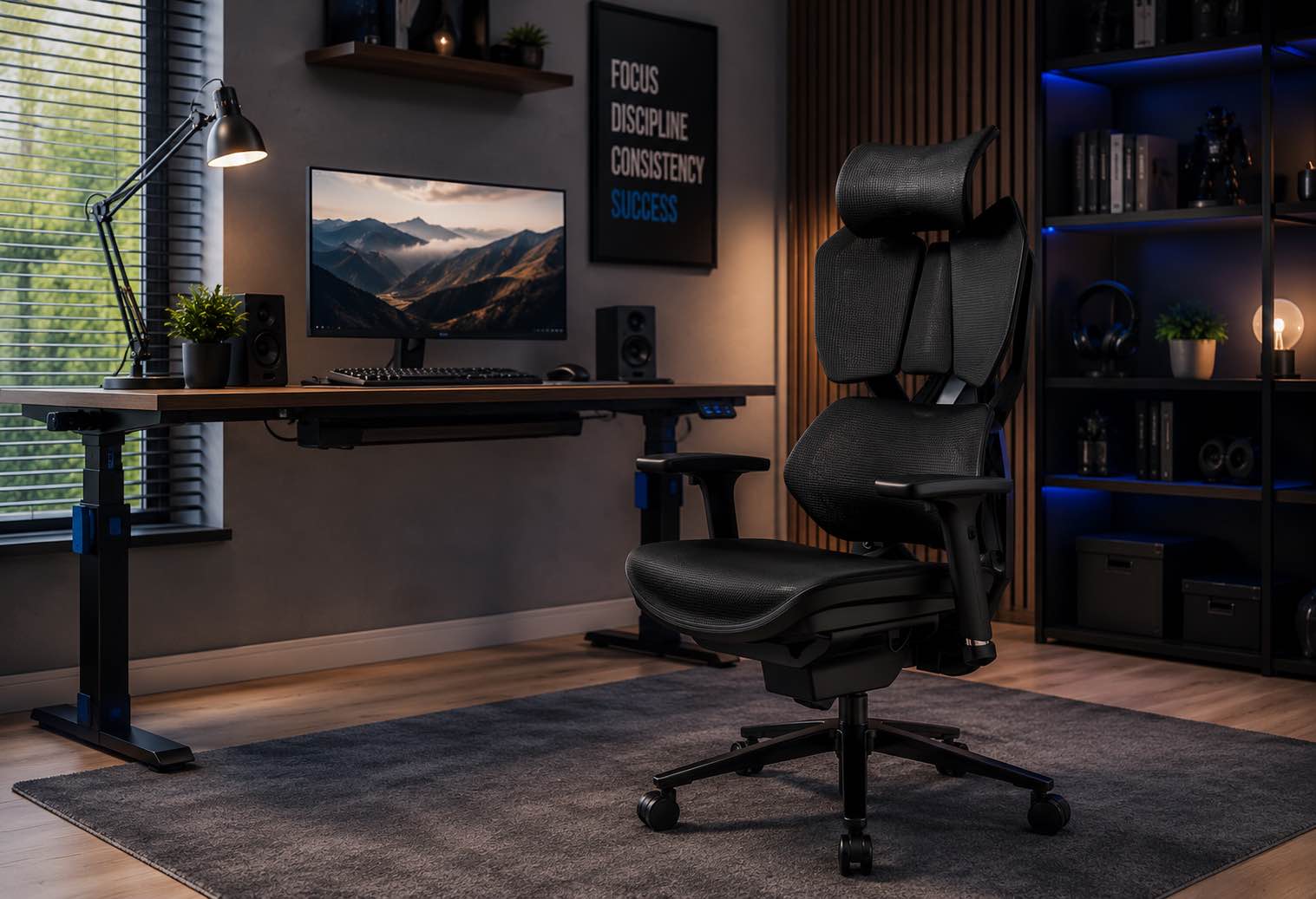 Czarny ergonomiczny fotel biurowy FURIA PRO z regulowanym zagłówkiem i profilowanym oparciem ustawiony w nowoczesnym home office przy biurku elektrycznym z klimatycznym podświetleniem | homestyleconcept.pl.webp