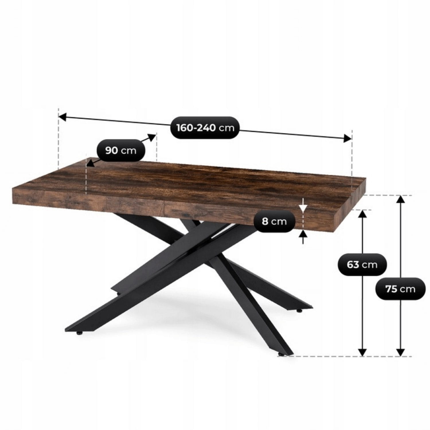 Stół HAMPTON Rozkładany 160-240 cm Dąb Rustykalny/Czarny – nowoczesny stół loftowy do jadalni  do 10 osób