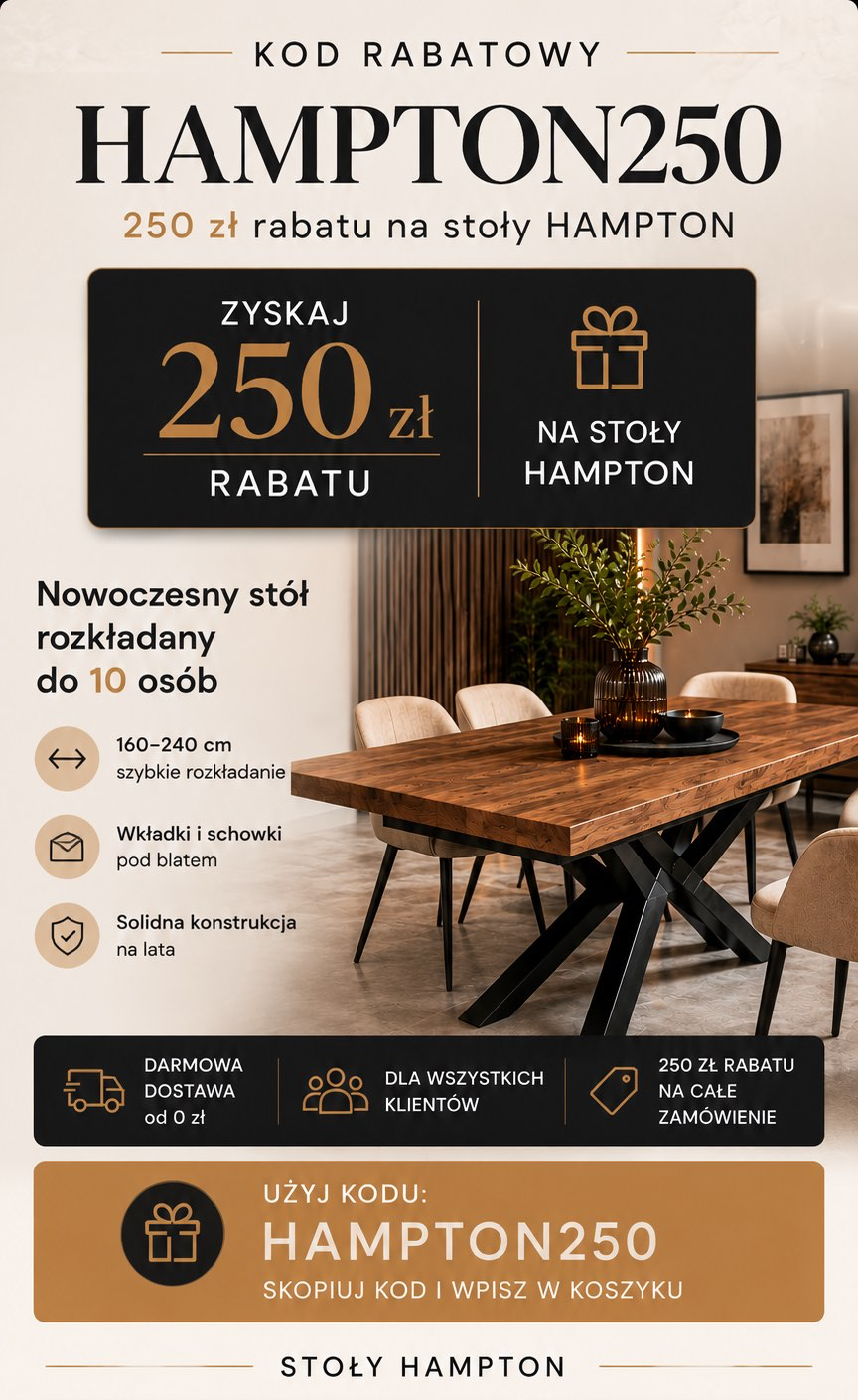 Nowoczesny stół rozkładany HAMPTON dąb rustykalny i czarny metal – loftowy stół do jadalni dla 10 osób z kodem rabatowym HAMPTON250