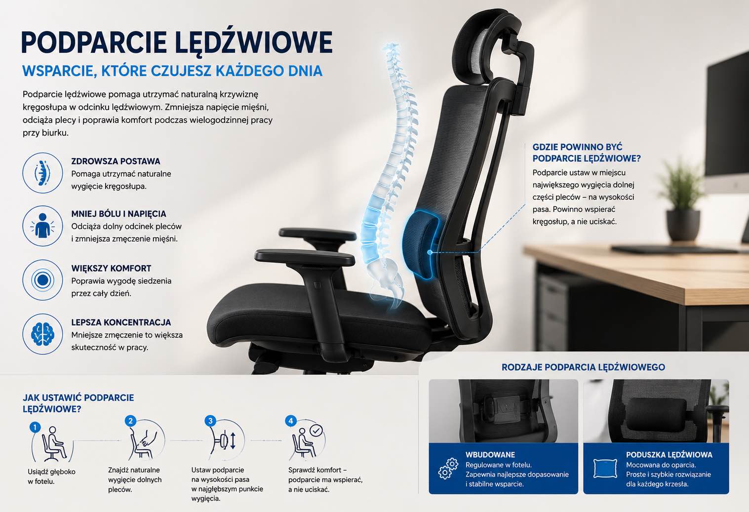 Fotel ergonomiczny z podparciem ldędzwiowym