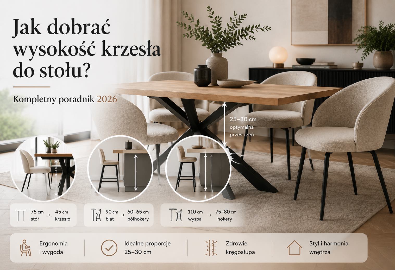 Nowoczesna jadalnia z drewnianym stołem na czarnej metalowej podstawie oraz jasnymi tapicerowanymi krzesłami. Stylowe wnętrze w ciepłych beżowych i drewnianych tonach z dużym oknem, dekoracyjną komodą i minimalistycznymi dodatkami w eleganckim stylu premium.